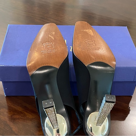 Stuart Weitzman Black Satin Slingbacks with Crystal Rhinestone Studded Heels - Picture 11 of 15